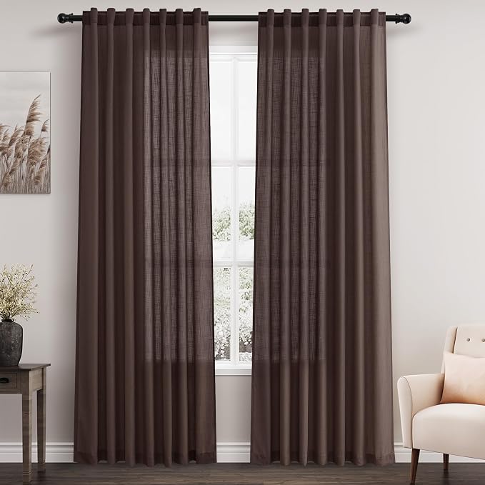 Coffee Linen Curtains 80 Inch Length 2 Panels Set Back Tab Rod Pocket Textured by Nanspring