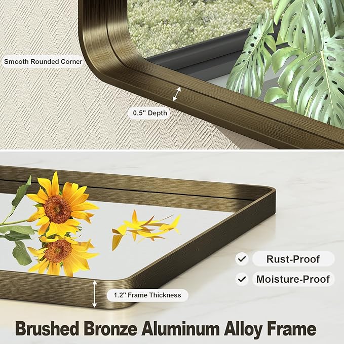 48x36 Bronze Framed Bathroom Mirror, Rectangle Brushed Bronze Metal Vanity Mirror, Large Modern Mirror for Wall, Rounded Corner, Tempered Glass, Anti-Rust, Shatterproof (Horizontal/Vertical)