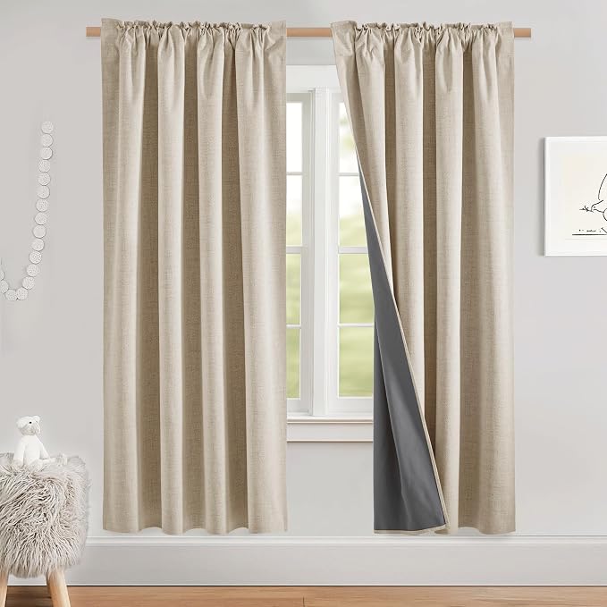 NICETOWN Beige Bedroom Full Blackout Linen Curtains, Thick Insulated Classic - Image 3
