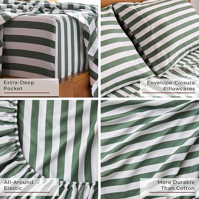 Mellanni Split King Sheets Set - 5 PC Iconic Collection Bedding - Hotel Luxury, Extra Soft, Cooling Bed Sheets - Wrinkle, Fade, Stain Resistant (Split King, Oxford Stripe Sage)