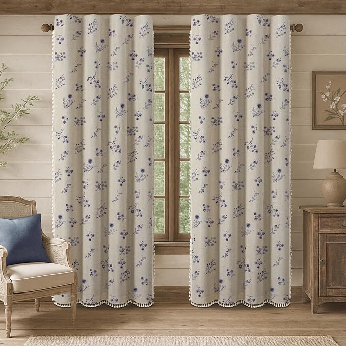 Boho Floral 100% Blackout Curtains 84 Inch 2 Panels Dark Blue | Farmhouse - Image 2