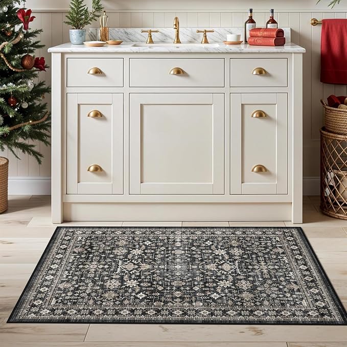 Grey Area Rug 3x5 for Bedroom Kitchen | Low Pile; Non Slip;Machine Washable; - Image 2