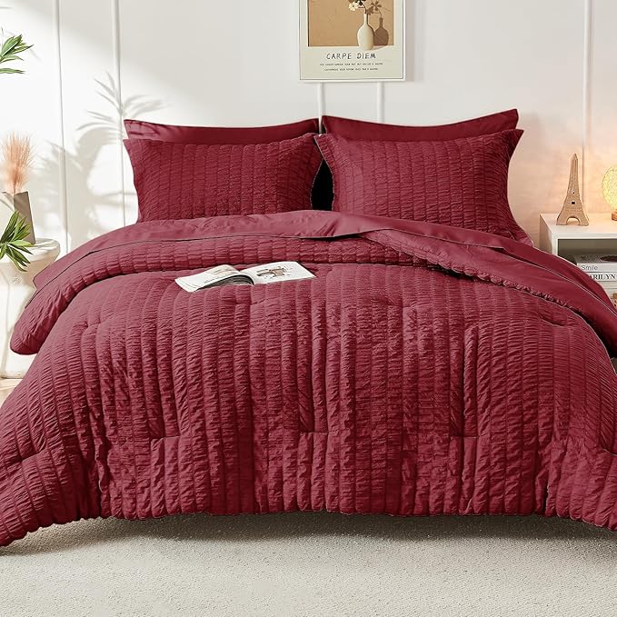 HYMOKEGE Burgundy Twin Comforter Set Seersucker 5 Pieces, All Season Luxury Bed in a Bag for Bedroom, Bedding Set with Comforters, Sheets, Pillowcase & Sham