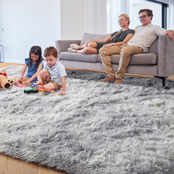 Light Grey Shaggy Abstract Area Rug 6x9 Feet, Plush Fluffy Rugs - Image 7