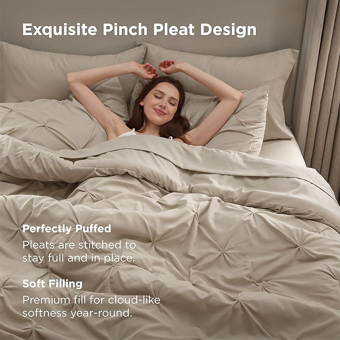 Bedsure Oversized King Comforter Set Beige - Bed in a Bag Bedding Set 7 Pieces, GentleSoft™ Pintuck Bed Set Gift for Family, Pinch Pleat Beige Comforter with Sheets, Pillowcases & Shams