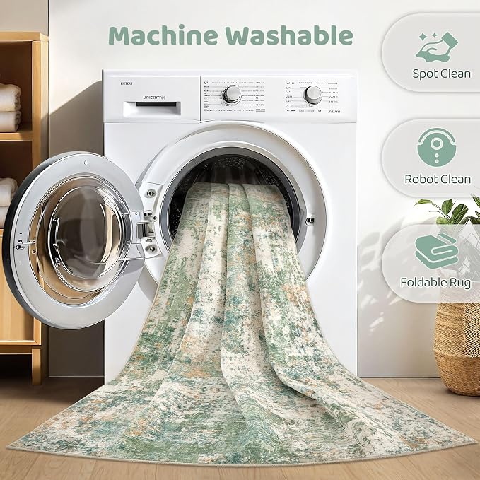 LOONGRUG 4x6 Area Rug Machine Washable Neutral Modern Abstract Rugs Green | - Image 2