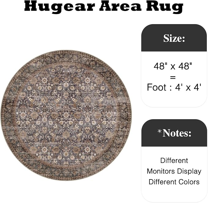 4ft Round Brown Blue Vintage Floral Washable Rug - Image 2