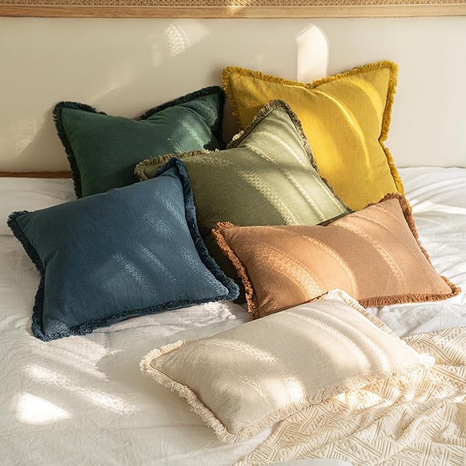 MIULEE Linen Fringe Decorative Euro Throw Pillow Covers Navy Blue 26x26 | Set - Image 7