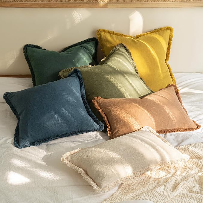 MIULEE Linen Fringe Decorative Lumbar Throw Pillow Covers Navy Blue 12x20 | Set - Image 5