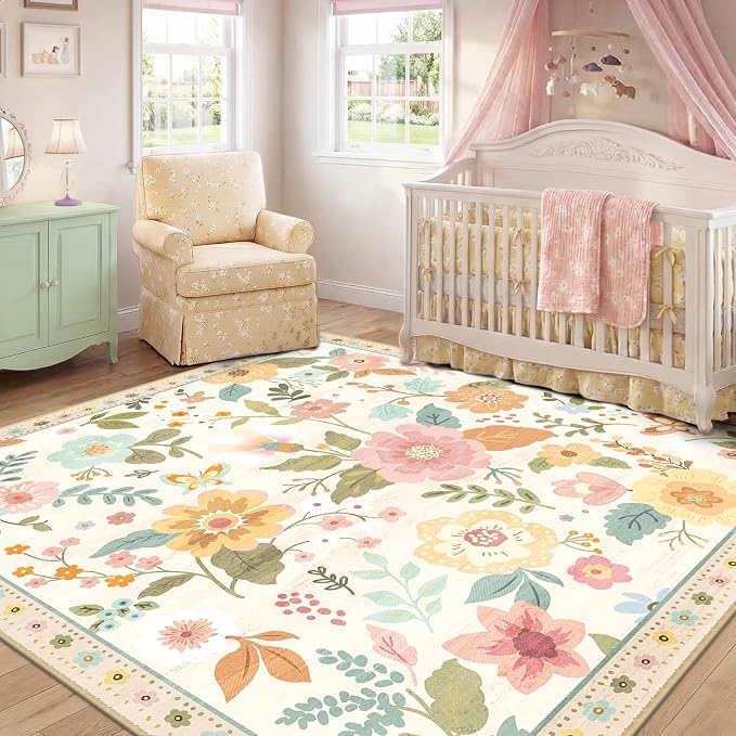 RELEANY Floral Washable Square 4ft Area Rug Beige/White/Orange | Flower Carpet - Image 8