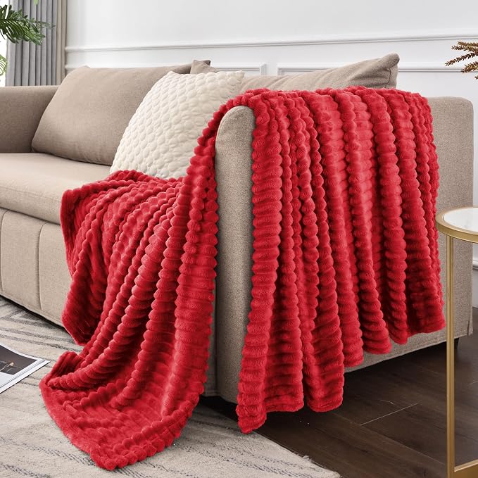 BEDELITE 3D Ribbed Jacquard Red Fleece Twin Blanket - Image 9