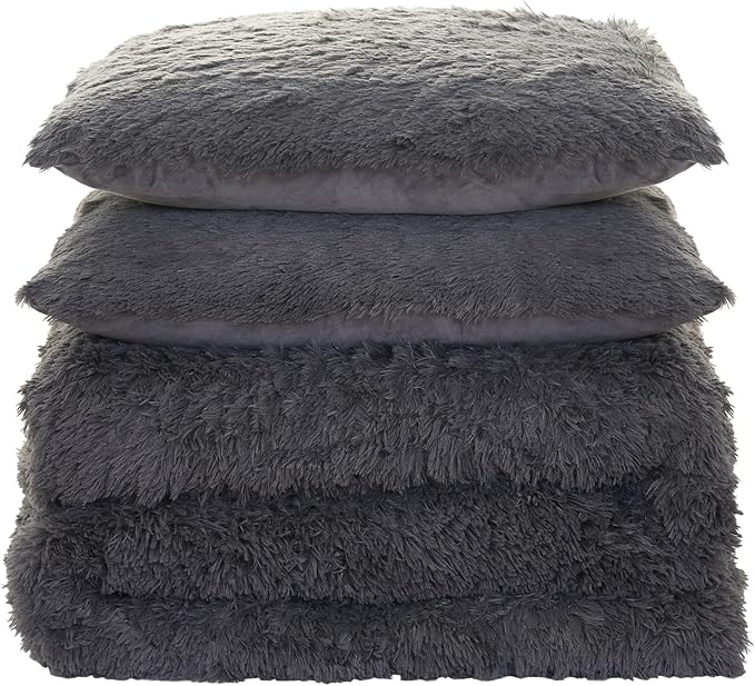 Full Size Luxury Faux Fur Comforter Set - Soft & Breathable 7-Piece Bedding Collection - 1 Comforter, 1 Fitted Sheet, 1 Flat, 2 Pillowcases, 2 Pillow Shams - Deep Pocket - Premium Quality, Dark Gray