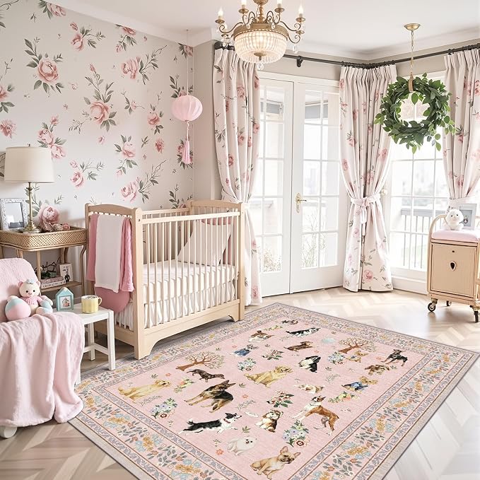 Pink Floral Area Rug 4x6 for Bedroom Dining Room | Low Pile; Non Slip;Machine by WelcometoBabovid