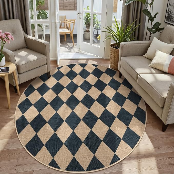 Lahome Checkered Easy Jute 6ft Round Outdoor Patio Area Rug, Washable Black | - Image 3