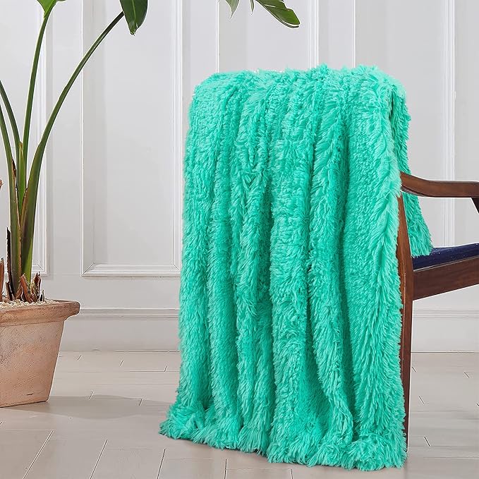 Tuddrom Decorative Extra Soft Faux Fur Throw Blanket 50"x60",Solid Reversible Fuzzy Lightweight Long Hair Shaggy Blanket,Fluffy Cozy Plush Fleece Comfy Microfiber Blanket for Couch Sofa Bed,Teal Blue