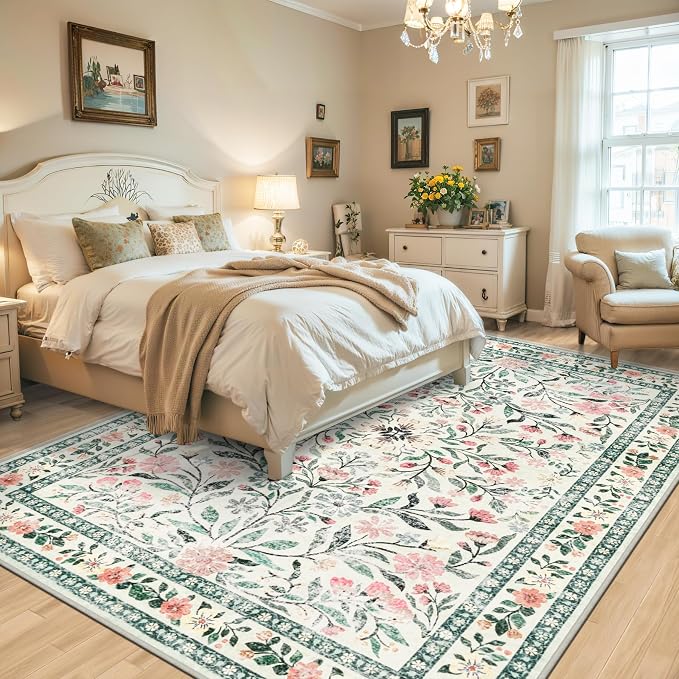 PLHXFR Area Rug 9x12 Living Room: Floral Washable Boho Carpet Green Beige | - Image 3