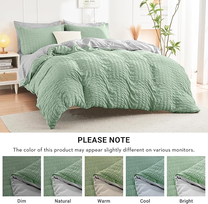 HYMOKEGE Sage Green/Light Grey Twin Comforter Set Seersucker 5 Pieces, All Season Luxury Bed in a Bag for Bedroom, Bedding Set with Comforter, Sheets, Pillowcase & Sham