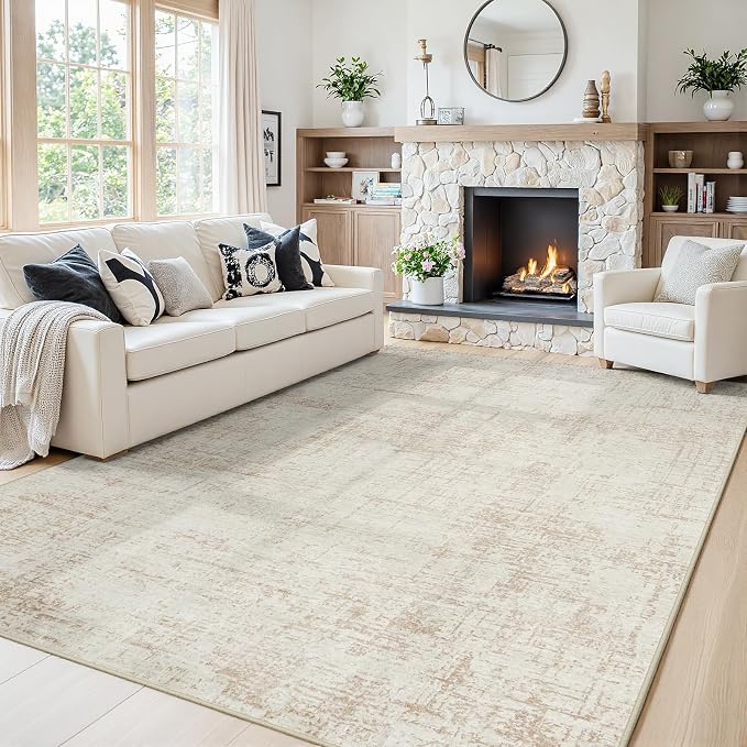 5x7 Washable Area Rug for Living Room Bedroom: Non-Slip Modern Beige White | - Image 2