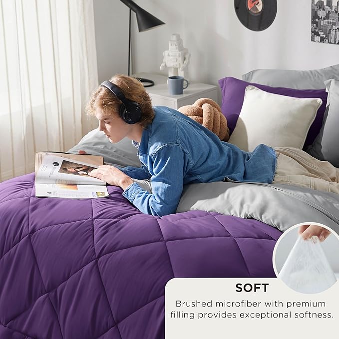 Bedsure Twin Comforter Set - 5 Pieces Reversible Purple Bedding, Twin Size Bed Set for All Seasons, Bed in a Bag with Down Alternative Comforter, Sheets, Pillowcase & Sham
