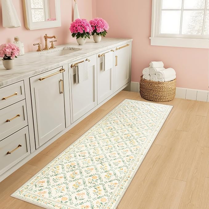 PLHXFR 2x6 Washable Runner Rug：Floral Indoor Kitchen Carpet Beige Multi | - Image 5