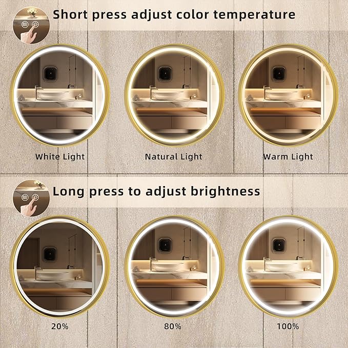Hasipu 24 Inch Round LED Mirror for Bathroom with Lights, Gold Circle Vanity Mirror for Wall, Metal Framed Frontlit Bathroom Lighted Mirrors Anti-Fog, Dimmable, 3 Colors Makeup Mirror Wall Mounted