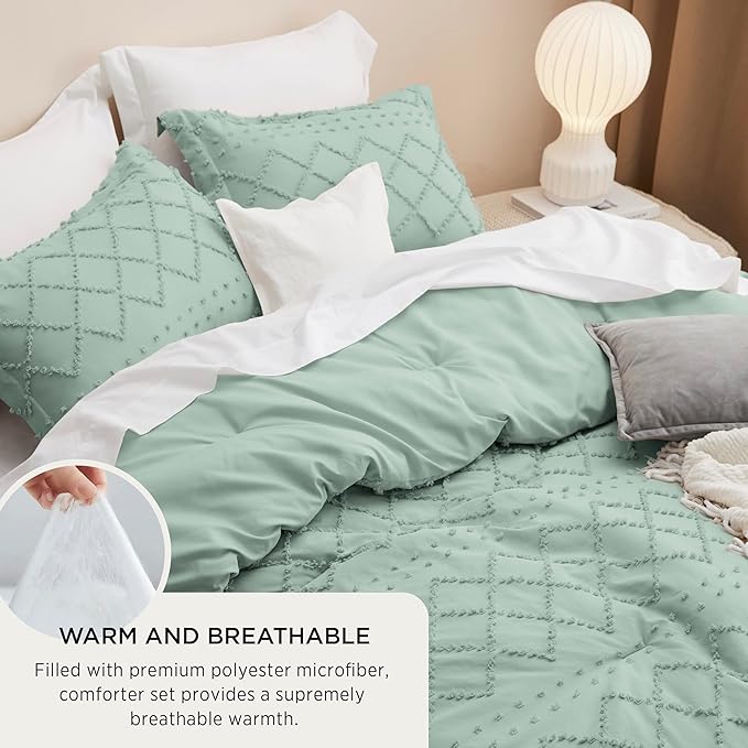Bedsure Queen Comforter Set - Sage Green Comforter, Boho Tufted Shabby Chic Bedding for Kids, 3 Pieces Vintage Farmhouse Bed Set for All Seasons, Fluffy Soft Bedding with 2 Pillow Shams
