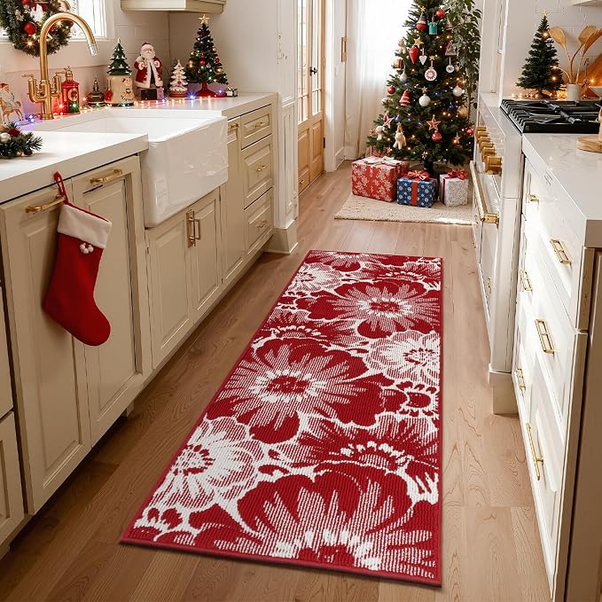 Findosom Christmas Runner Rug 2x6, Non Slip High-Low Textured Floral Washable - Image 8