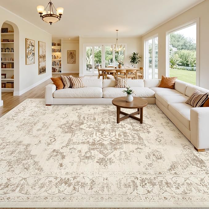 10x12 Area Rugs Living Room: Bedroom Washable Carpet Beige/Ivory | Large by Luxturiy
