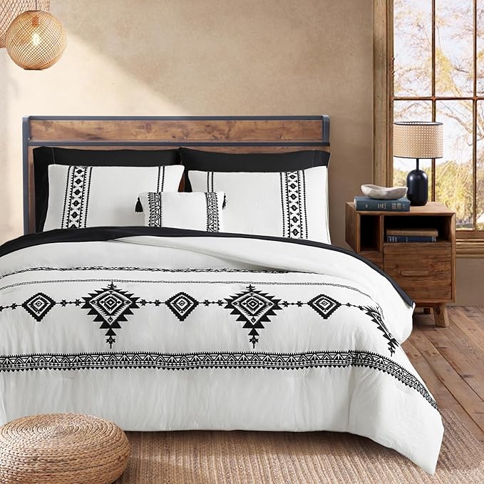 MaiRêve Embroidery Comforter Set King Size 7 Pieces, Boho Farmhouse Western Bedding All Season Bed in A Bag, White Black King Comforter Set with Sheets, Pillowcases & Shams