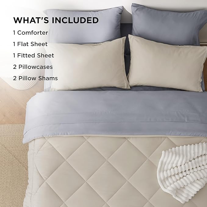Bedsure Queen Comforter Set - 7 Pieces Reversible Beige Bedding, Queen Size Bed Set for All Seasons, Bed in a Bag with Down Alternative Comforter, Sheets, Pillowcases & Shams