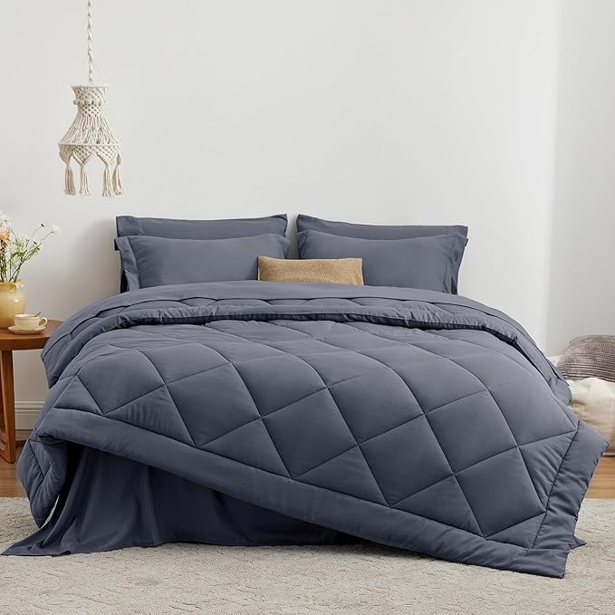 Love's cabin Full Comforter Set Navy Blue, 7 Pieces Full Bed in a Bag, All Season Bedding Sets with 1 Comforter, 1 Flat Sheet, 1 Fitted Sheet, 2 Pillowcase and 2 Pillow Sham