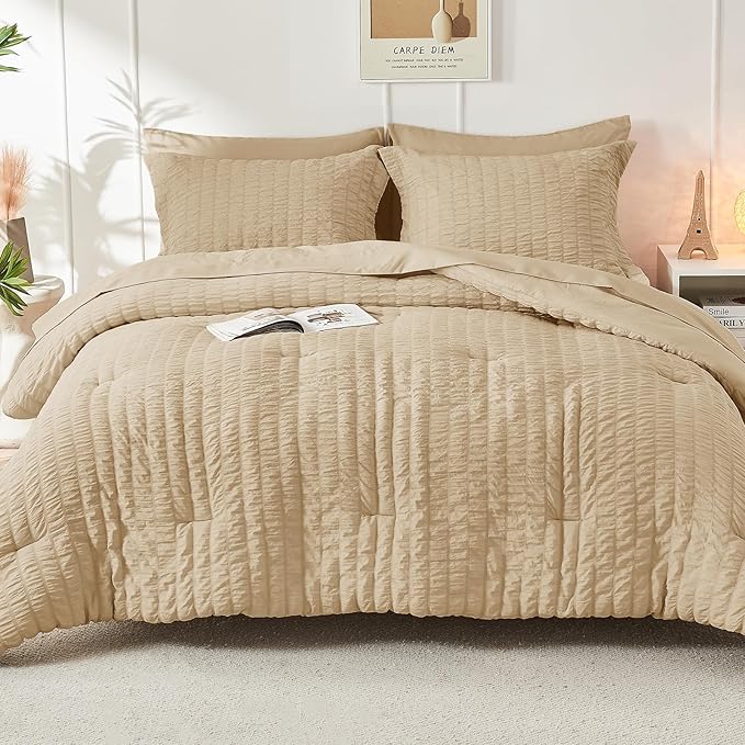 HYMOKEGE Khaki California King Comforter Set Seersucker 7 Pieces, All Season Luxury Bed in a Bag for Bedroom, Bedding Set with Comforter, Sheets, Pillowcases & Shams