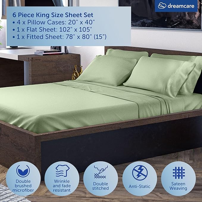 DREAMCARE King Size Sheets Set – 6 pcs Cooling Bed Sheets – up to 15” Deep Pocket King Sheet Set – 2500 Supreme Collection – Extra Soft 100% Brushed Microfiber Hotel Luxury with Side Pocket – S Green