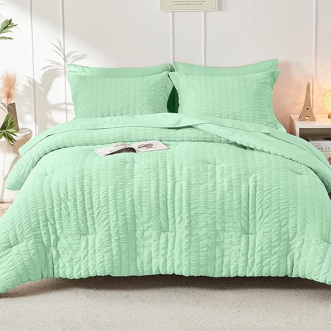 HYMOKEGE Mint Green California King Comforter Set Seersucker 7 Pieces, All Season Luxury Bed in a Bag for Bedroom, Bedding Set with Comforter, Sheets, Pillowcases & Shams