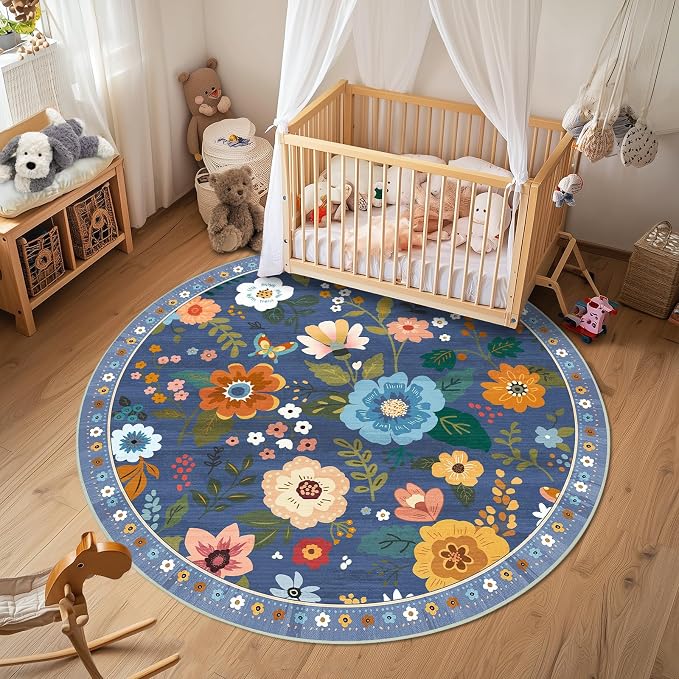 RELEANY Floral Washable Round 6ft Area Rug Blue/Grey | Flower Carpet Print Boho - Image 6