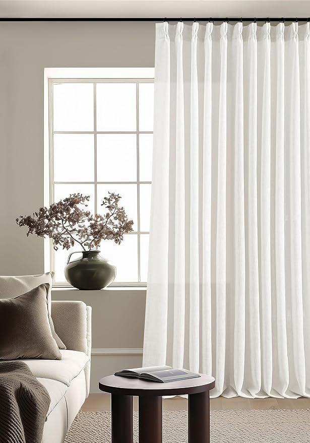 Beige White Pinch Pleat Semi Sheer Linen Curtain W70xL90 1 Panel | Light - Image 9