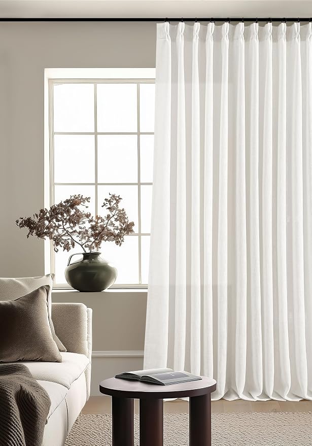 Beige White Pinch Pleat Semi Sheer Linen Curtain W70xL96 1 Panel | Light - Image 6