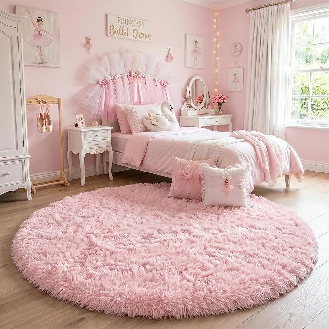 Amdrebio Pink Large Furry Round Rug 6Ft - Image 5