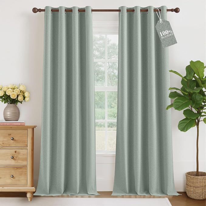 NICETOWN Sage Green Curtains 100% Blackout, W52 x L84 in, Linen Textured by NICETOWN