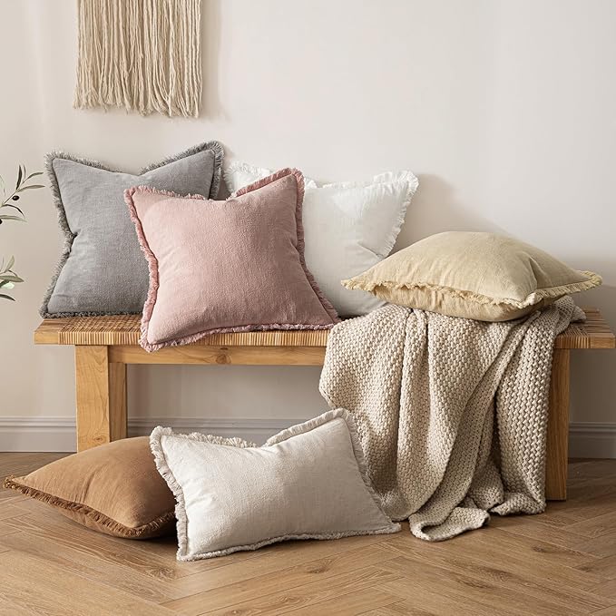 MIULEE Boho Linen Fringe Decorative Throw Pillow Covers White 20x20 | Set of 2 - Image 5