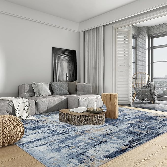 8x10 Area Rugs for Living Room: Washable Abstract Blue Gold Badroom Carpet | - Image 3