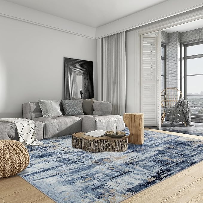 6x9 Area Rugs for Living Room: Washable Abstract Blue Gold Badroom Carpet | - Image 3