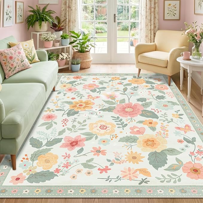 RELEANY Floral Washable 8x10 Area Rugs Beige/Green | Flower Carpet Print Boho - Image 9