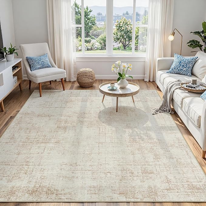 5x7 Washable Area Rug for Living Room Bedroom: Non-Slip Modern Beige White | by Oriannal