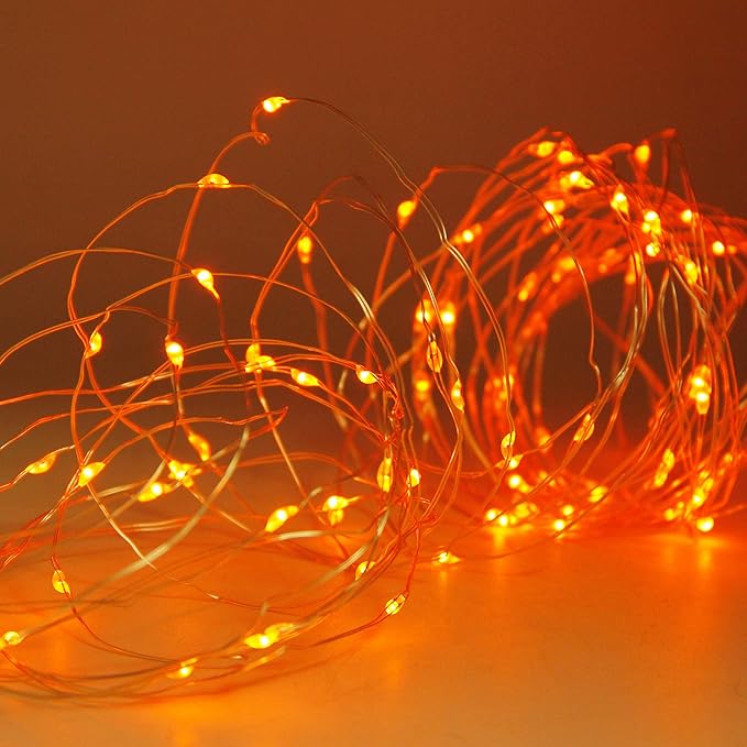 Twinkle Star 2 Pack Orange Halloween Fairy Lights Battery Operated, Total 66 ft 200 Led String Lights Remote Control Timer Silver String Light 8 Modes Firefly Lights for Garden Party Indoor Decor