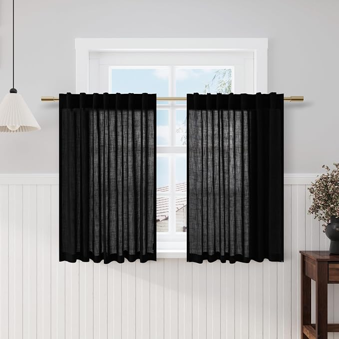 Black Short Linen Textured Curtains 40 Inches Long 2 Panels Set by Nanspring