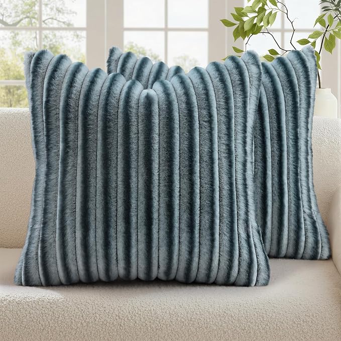 decorUhome Fall Faux Fur Throw Pillow Covers 22x22 Set of 2 Blue Grey | by decorUhome