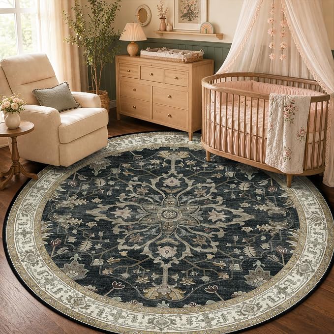 RELEANY Washable Area Rug, Round 5ft, Water Repellent, Pet Friendly, Vintage by RELEANY