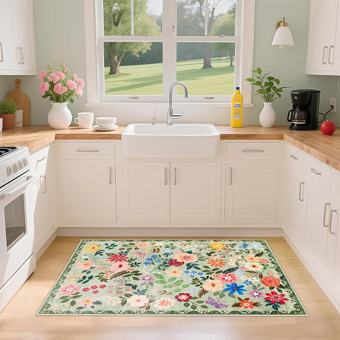 PLHXFR 2x3 Small Entryway Rug: Floral Washable Indoor Soft Carpet Green | - Image 4
