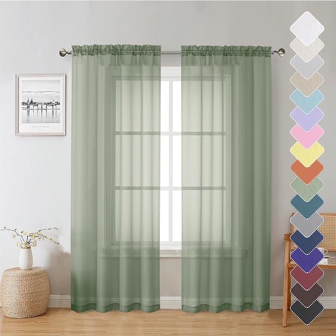 Sage Green Sheer Curtains 72 Inches Long 2 Panels Set, Rustic Voile Window by Lecloud